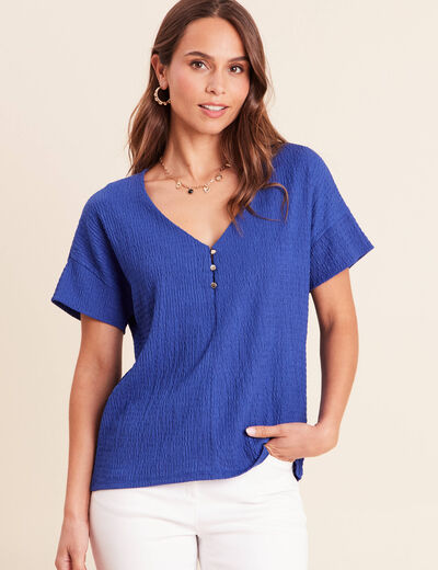 T-shirt col v manches courtes bleu fonc&eacute; femme