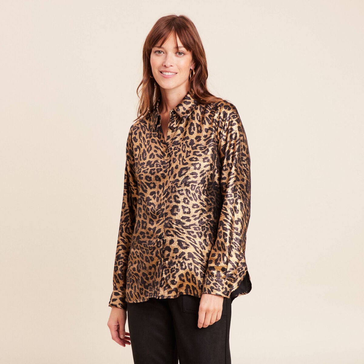 Chemise droite mi-longue brillante noir femme