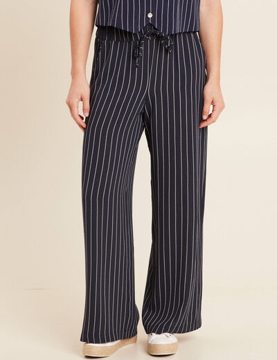 Pantalon large taille haute bleu fonc&eacute; femme