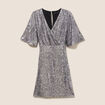 Robe ajust&eacute;e courte col v strass gris argent femme