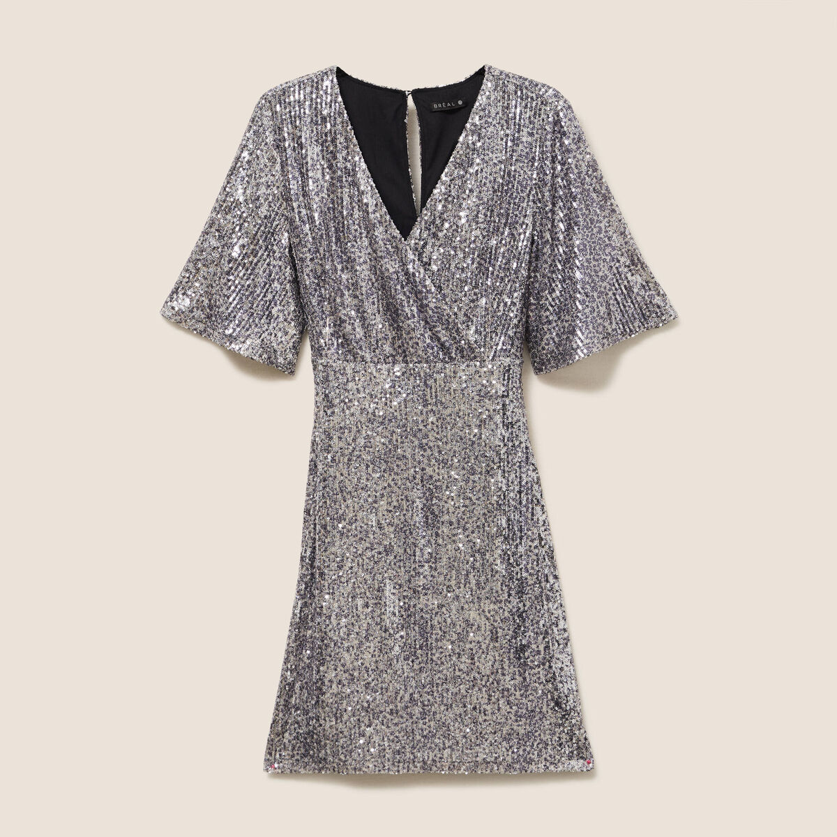 Robe ajust&eacute;e courte col v strass gris argent femme