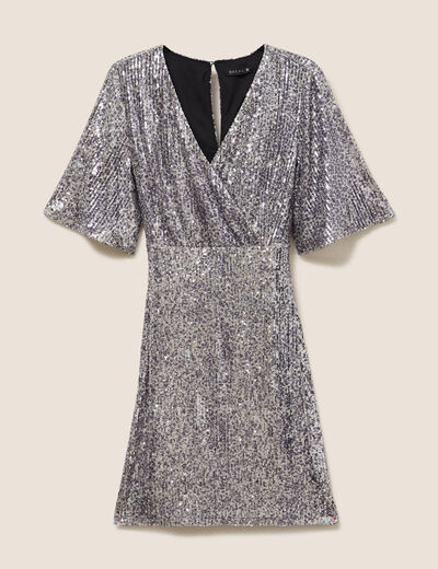 Robe ajust&eacute;e courte col v strass gris argent femme