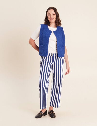 Gilet sans manches bouclette poches bleu fonc&eacute; femme