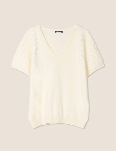 Pull col V manches courtes ecru femme