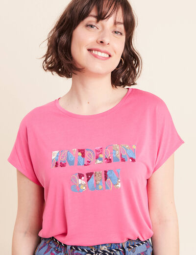 T-shirt col rond manches courtes brod&eacute; rose fushia femme