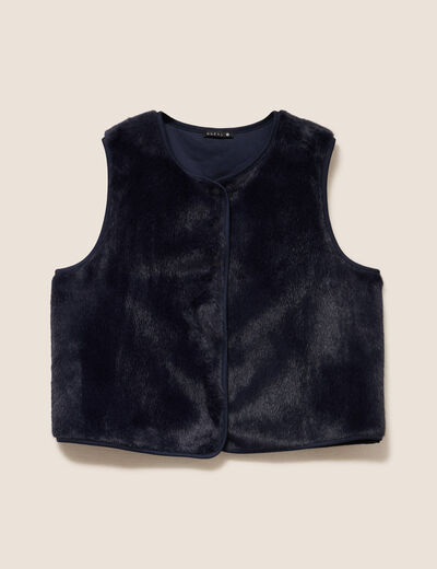 Gilet droit sans manches fausse fourrure bleu fonc&eacute; femme