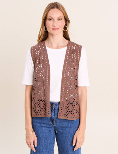 Gilet ajour&eacute; coupe droite courte marron femme