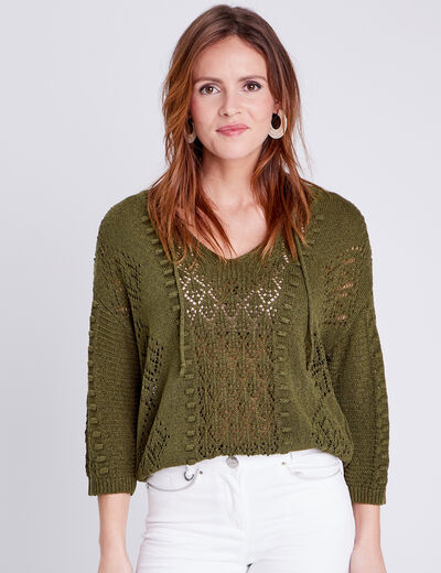 Pull à manches 3/4 vert olive femme