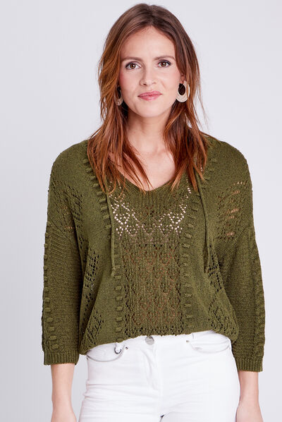Pull à manches 3/4 vert olive femme