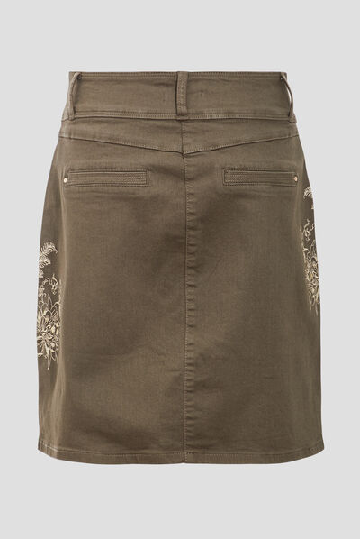 Jupe droite brodée vert kaki femme