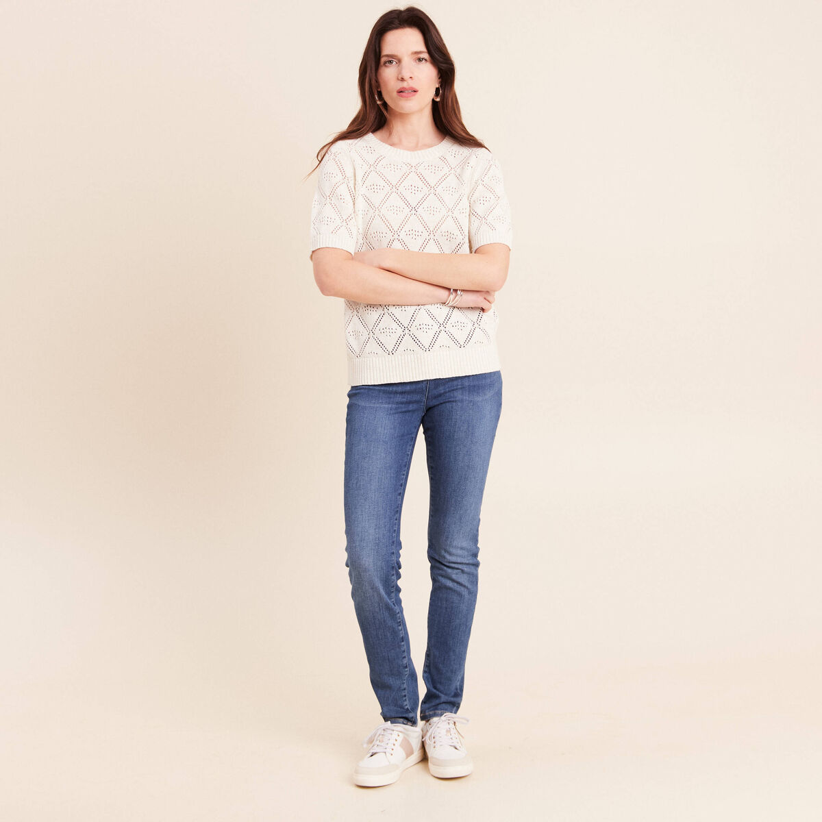 Pull droit court manches courtes ecru femme