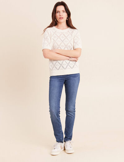 Pull droit court manches courtes ecru femme
