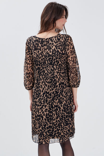 Robe droite manches 3/4 beige femme