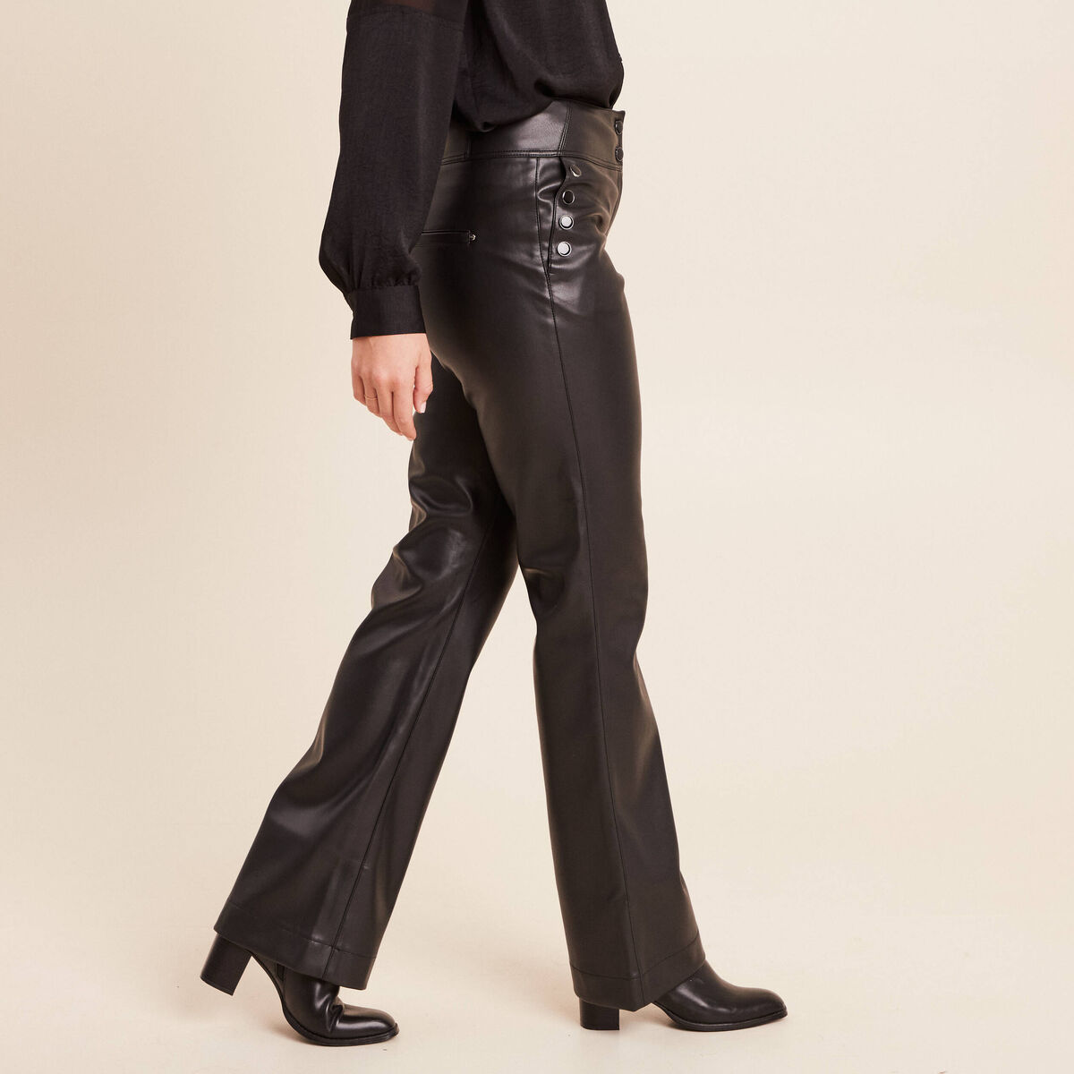 Pantalon bootcut taille haute similicuir noir femme