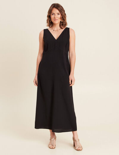 Robe longue fluide col V noir femme