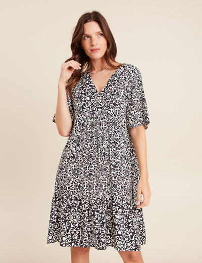 Robe courte évasée col V bleu marine femme