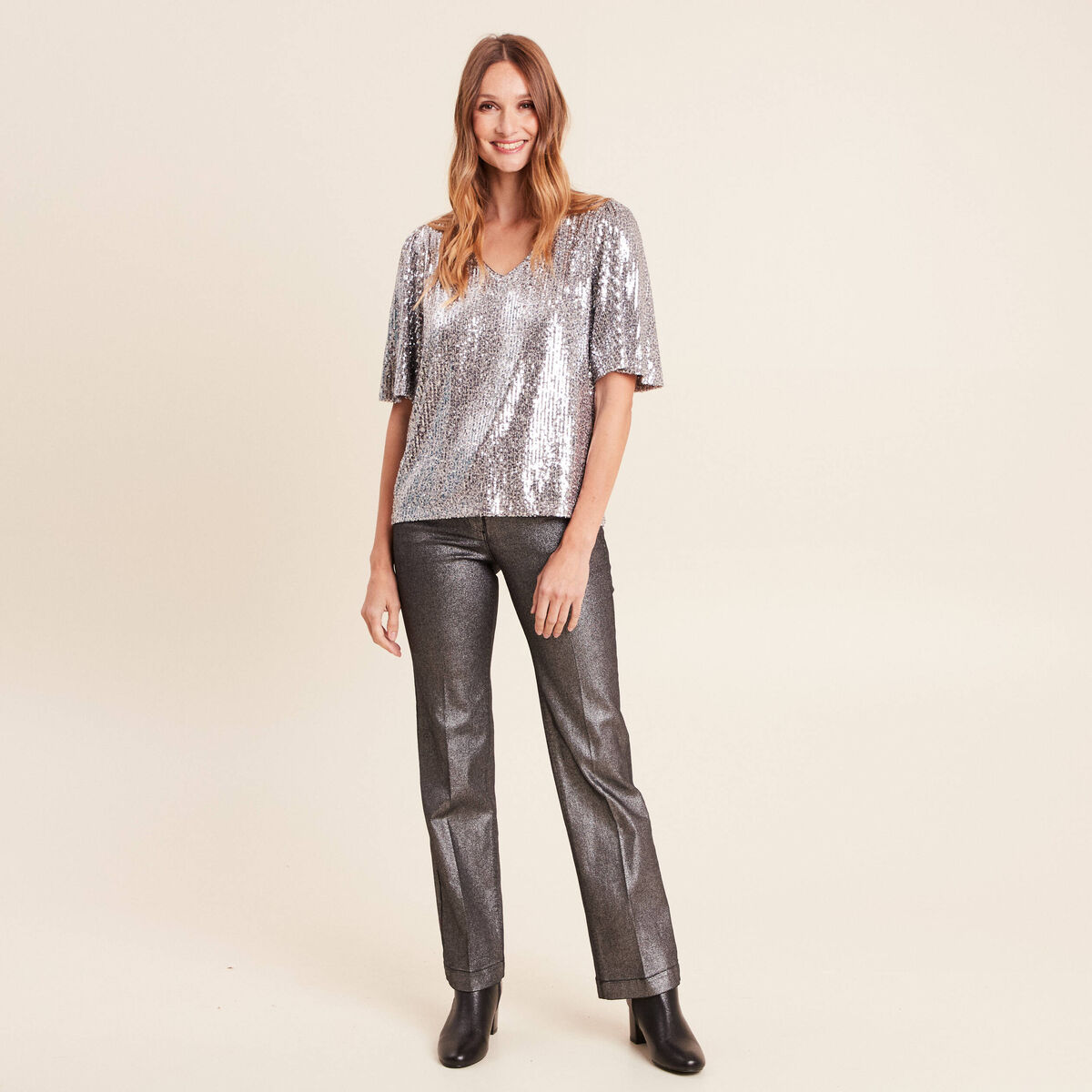 Pantalon enduit coupe large couleur argent femme