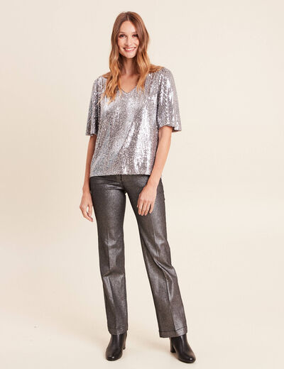 Pantalon enduit coupe large couleur argent femme
