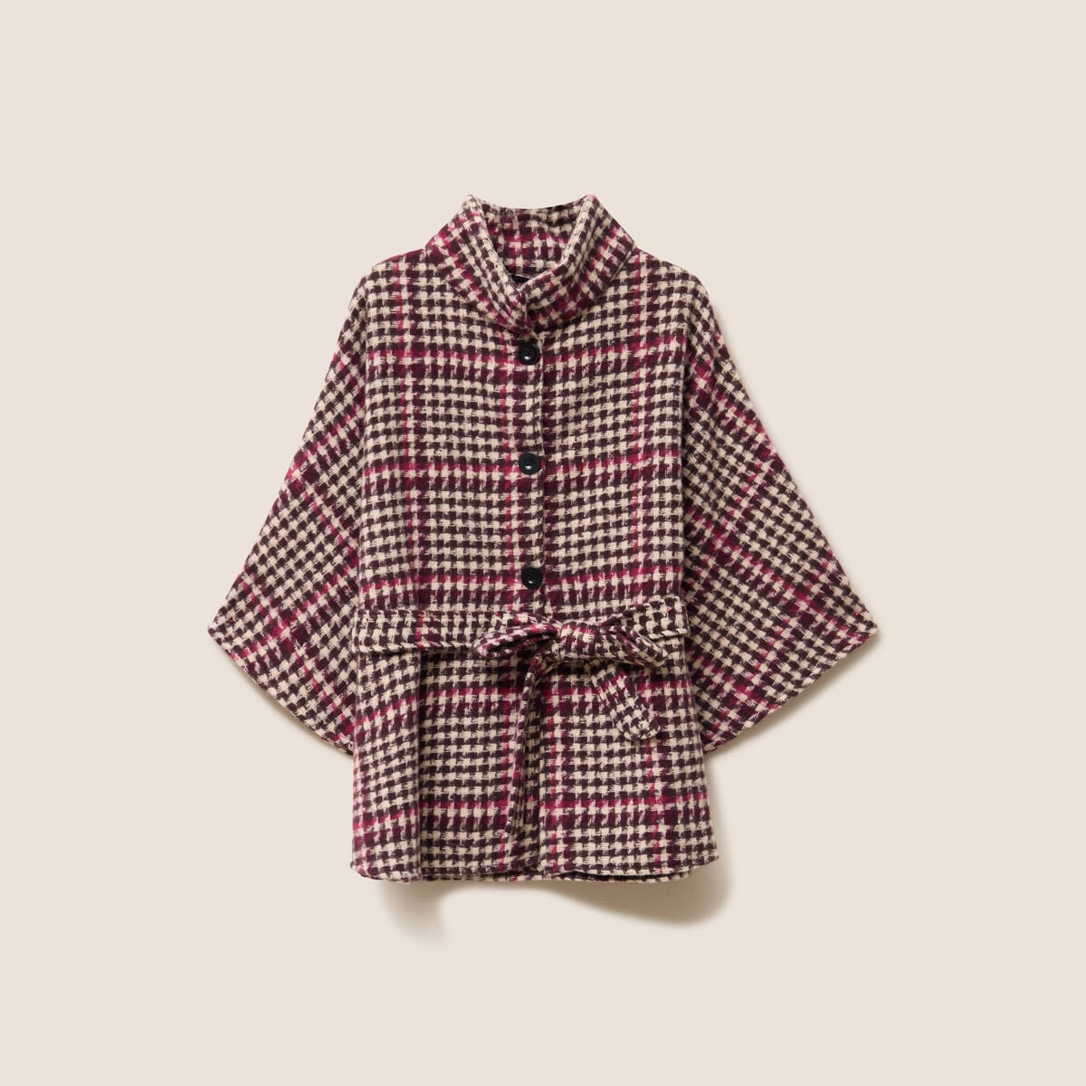 Poncho ceintur&eacute; boutonn&eacute; bordeaux femme