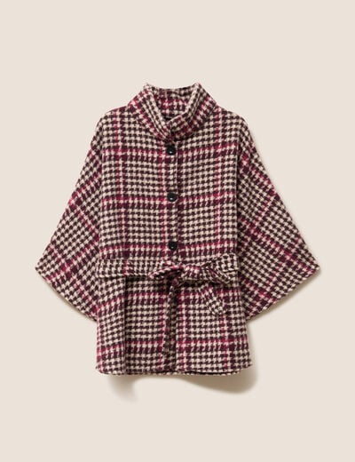 Poncho ceintur&eacute; boutonn&eacute; bordeaux femme
