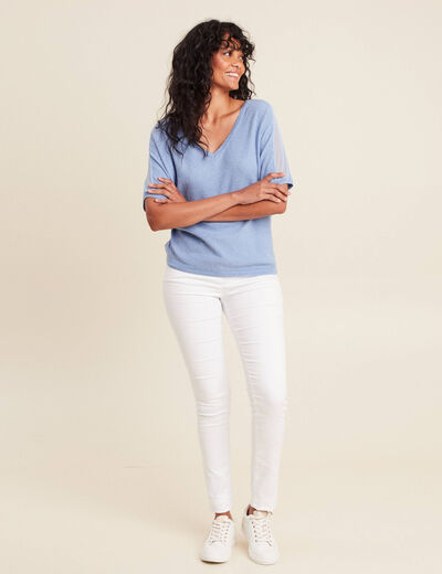 Pull manches courtes plumetis bleu ciel femme