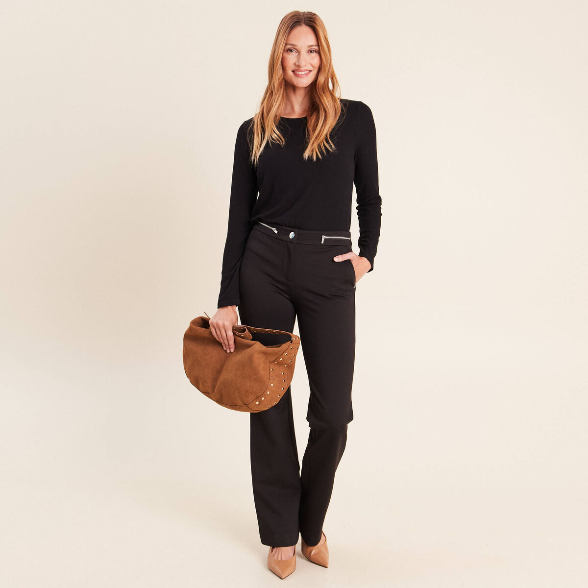 Pantalon bootcut maille taille standard noir femme