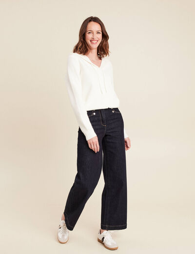 Gilet mi-long à capuche bas resserré ecru femme