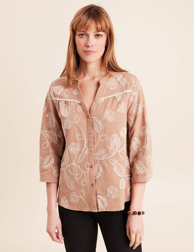 Blouse col tunisien manches 3/4 beige femme