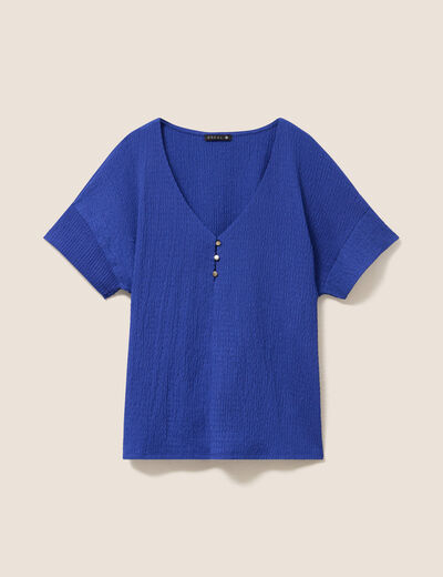 T-shirt col v manches courtes bleu fonc&eacute; femme