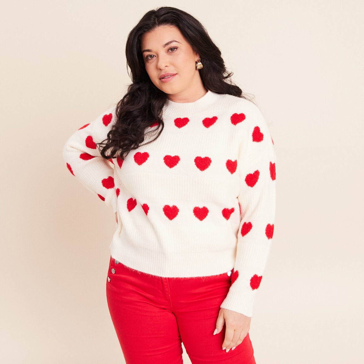 Pull col rond manches longues rouge femme