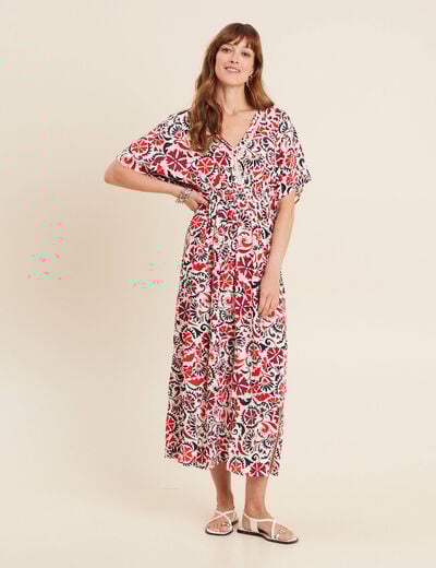 Robe longue évasée col en V blanc femme