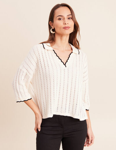 Polo manches 3/4 col chemise ecru femme