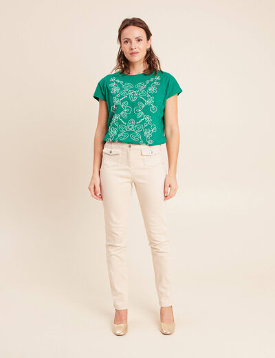 Jean ajust&eacute; taille haute longue ivoire femme