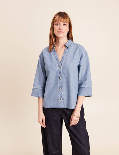Chemise ample manches 3/4 col chemise denim double stone femme
