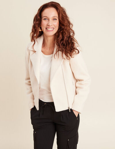 Veste esprit motard bouclette ecru femme