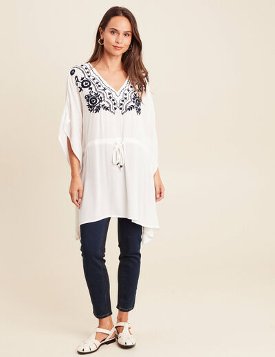 Kimono sans manches col v brodé ecru femme