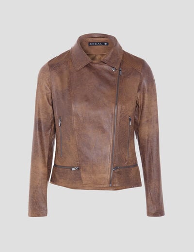 Veste esprit motard zipp&eacute;e marron fonc&eacute; femme