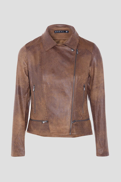 Veste esprit motard zippée marron foncé femme