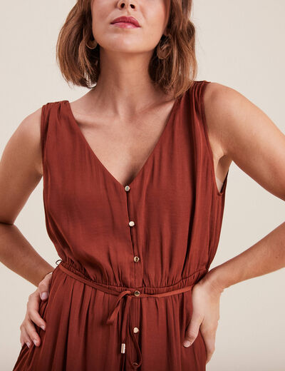 Robe midi évasée satin marron foncé femme