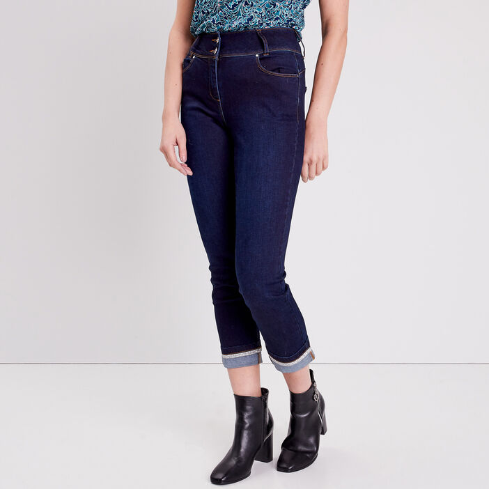 Jean ajusté à détails strass denim brut femme