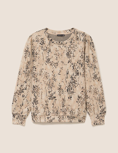 T-shirt court col rond manches longues beige femme