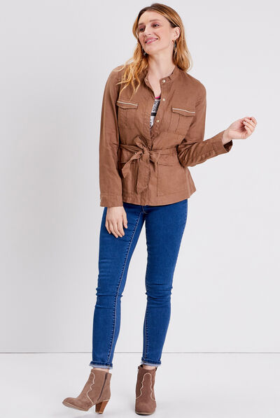 Veste droite ceinturée marron femme