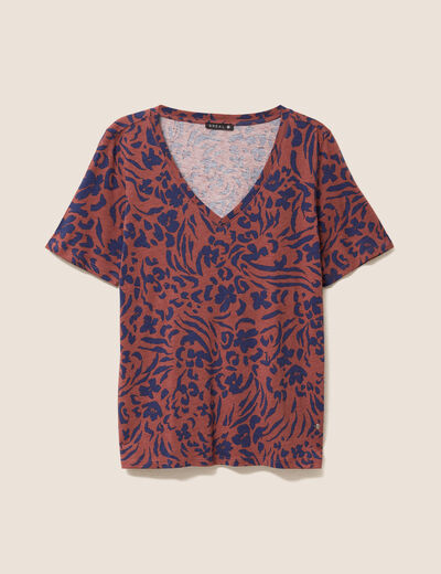 T-shirt col V manches courtes marron femme