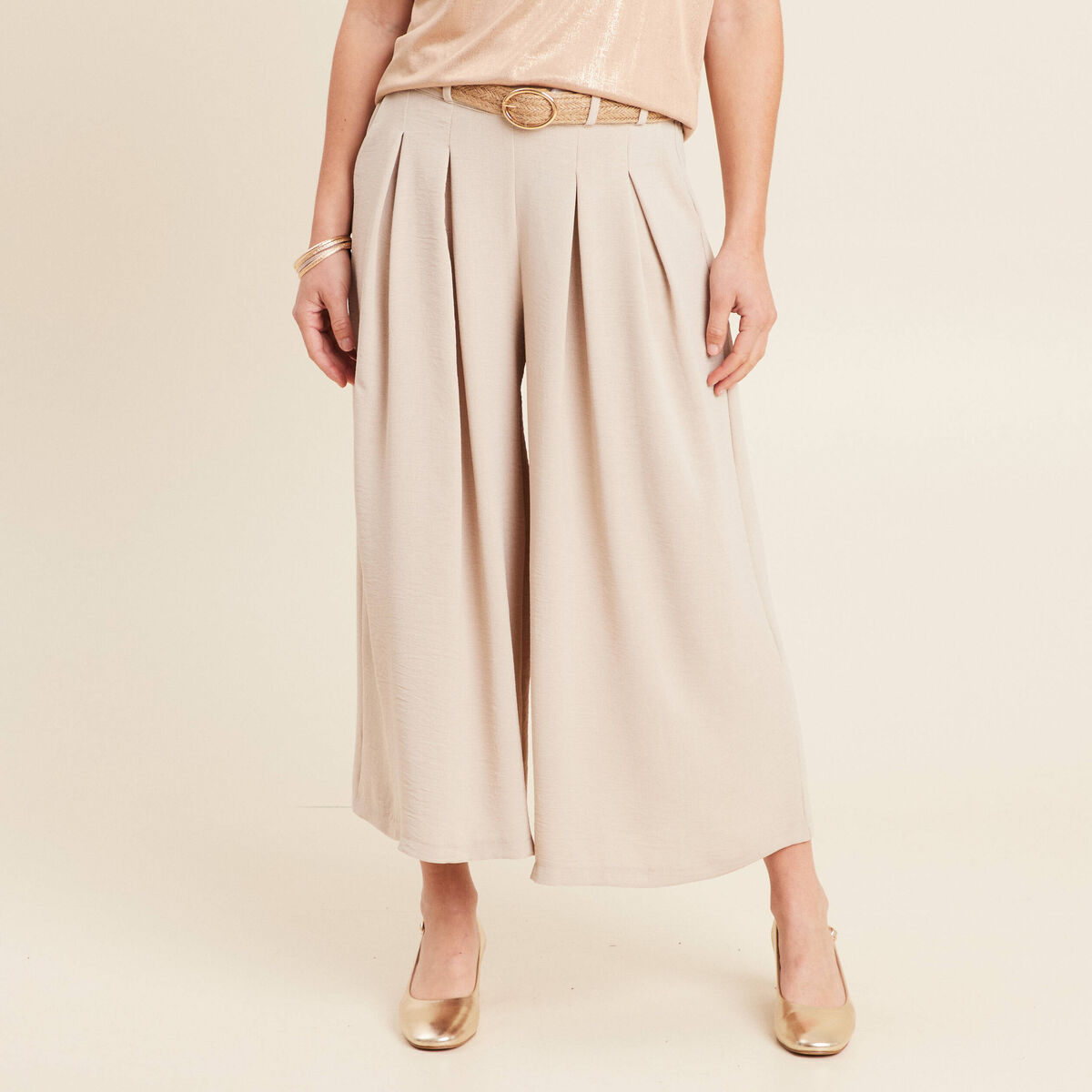 Pantalon jupe-culotte large gris clair femme