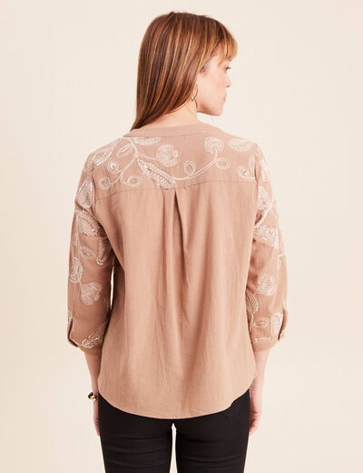 Blouse col tunisien manches 3/4 beige femme