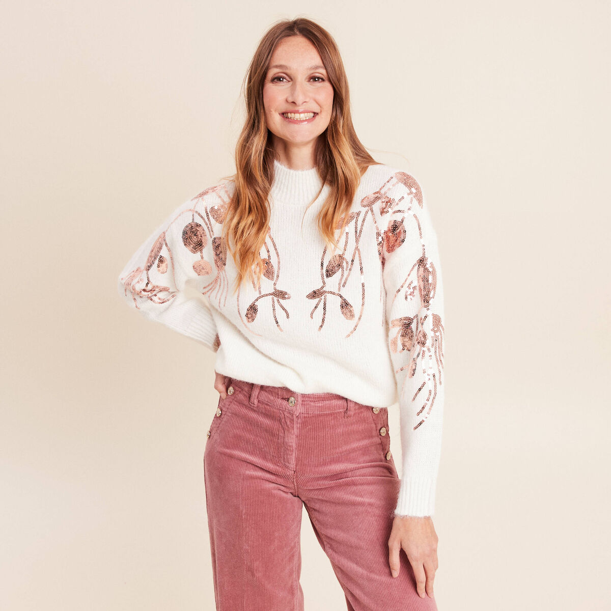 Pull col rond manches longues sequins ecru femme