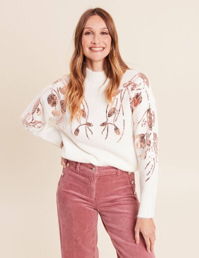 Pull col rond manches longues sequins ecru femme