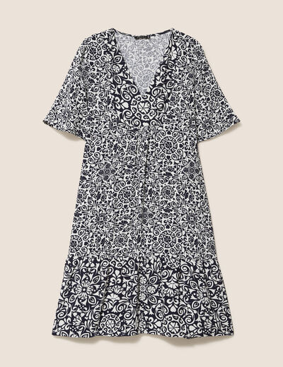 Robe courte évasée col V bleu marine femme