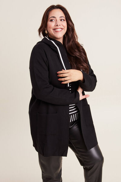 Gilet long à capuche noir femme