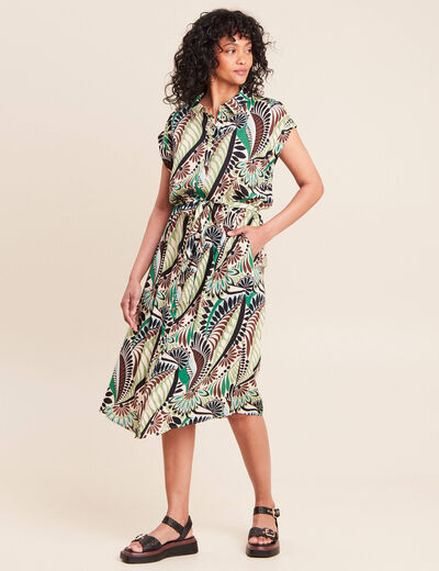 Robe fluide col chemise manches courtes vert femme